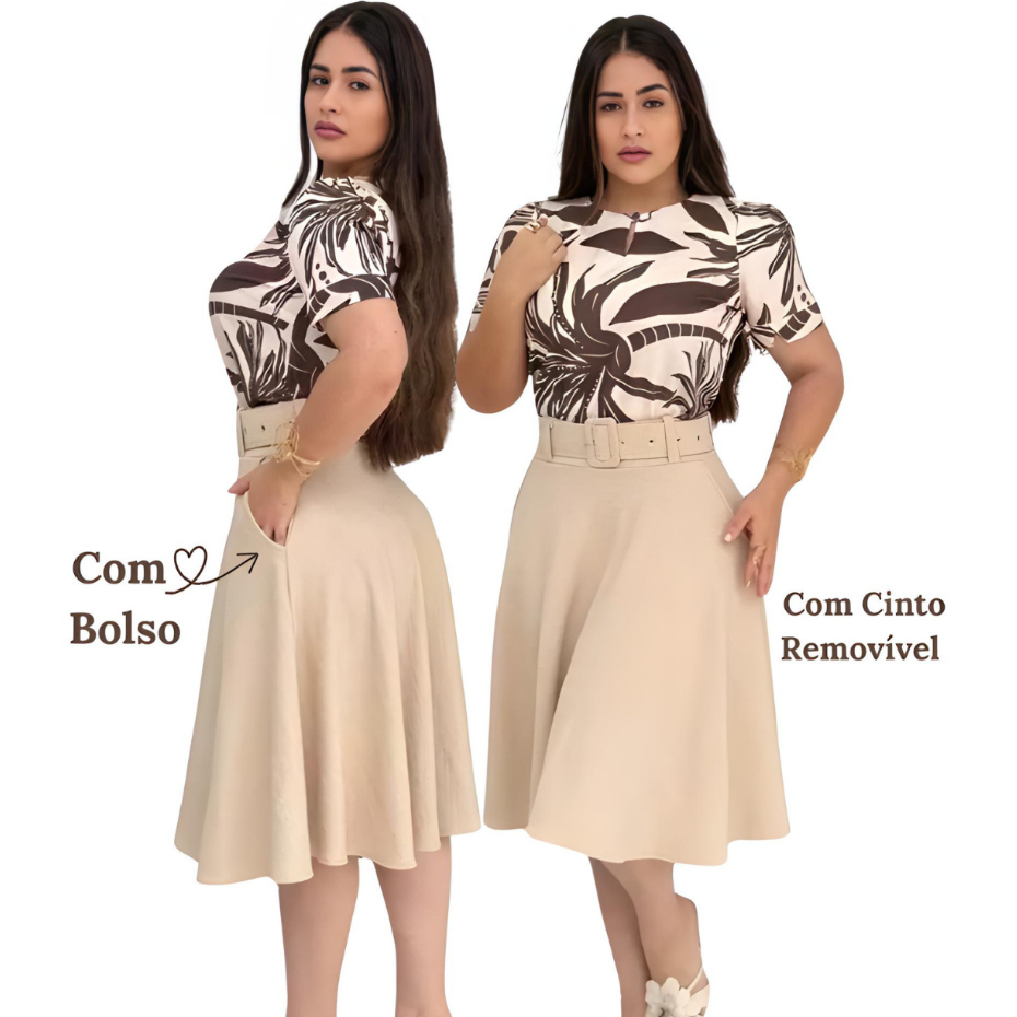 Saia Godê Midi em Jacquard com Cinto - Tamanhos P ao G | Elegância Sofisticada e Versatilidade