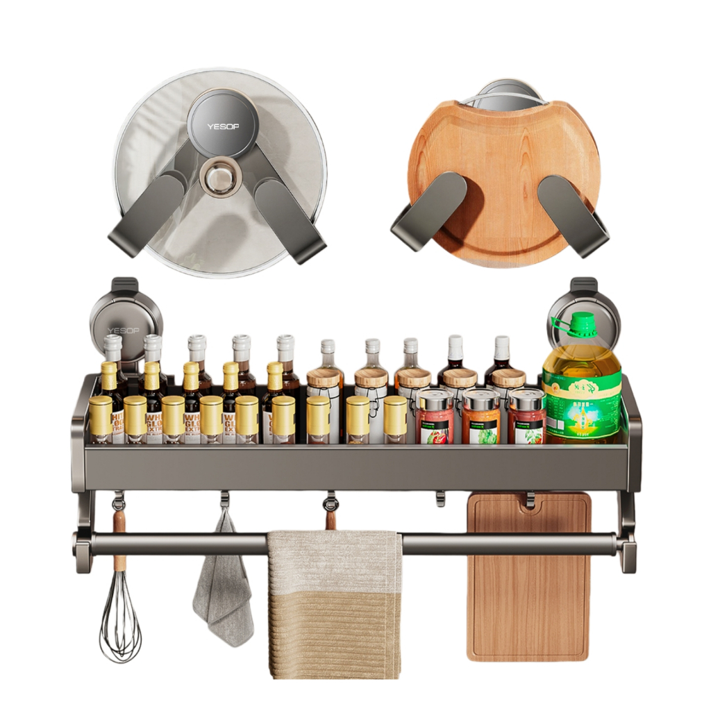【Promoção】Organizador de Cozinha Parede 2 em 1 – Suporte para Utensílios e Tampas com Ventosa Yesop em Oferta na Shopee