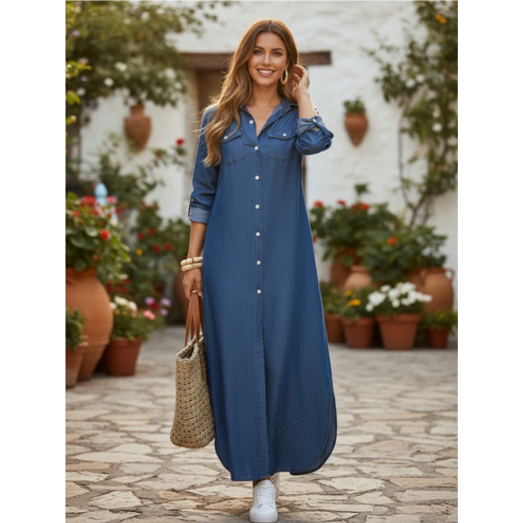 Vestido Feminino Longo De Manga Comprida Jeans Casual Estampado Novo - QUALY em Oferta na Shopee