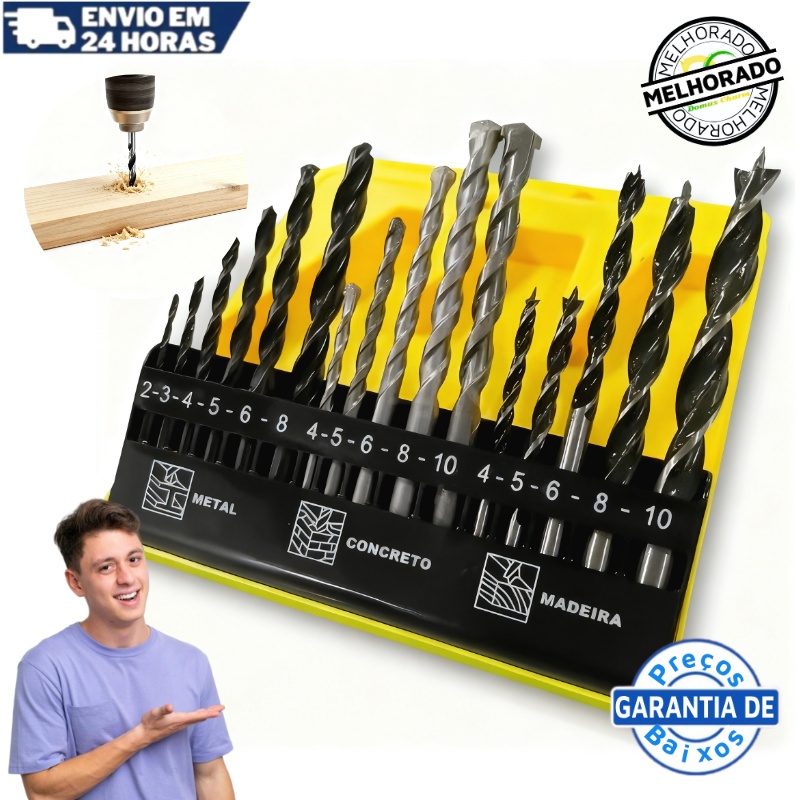 Jogo De Brocas 16 Peças C/ Estojo Madeira Ferro Concreto Metal Para Furadeira Parafusadeira em Oferta na Shopee