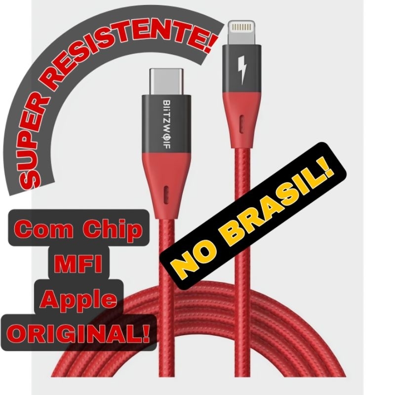 Cabo Lightning para Usb C SUPER Resistente com MFI BlitzWolf® 1,8 Metros para iPhone Certificado Apple ORIGINAL
