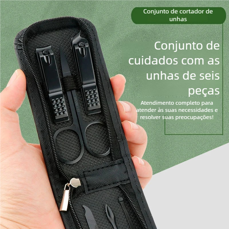 6 Pcs Conjunto de Manicure Pedicure Alemanha – Luxury, Portátil, Clipper Preto Brilhante, Tesoura de Sobrancelhas