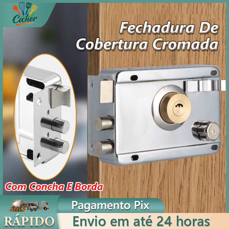 Fechadura Sobrepor cor Cromada Tetra para Portão e Porta Com Trava Dupla e 05 Copia De Chaves