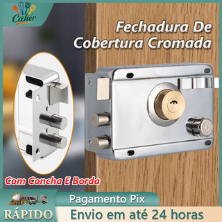 Fechadura Sobrepor cor Cromada Tetra para Portão e Porta Com Trava Dupla e 05 Copia De Chaves