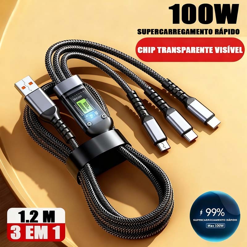Cabo De Carregamento 3 Em 1 De Liga De Zinco 100W 6A Carregador Super Rápido USB Proteção Para Micro Tipo C-A1