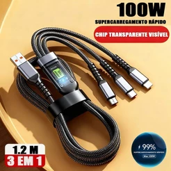 Cabo De Carregamento 3 Em 1 De Liga De Zinco 100W 6A Carregador Super Rápido USB Proteção Para Micro Tipo C