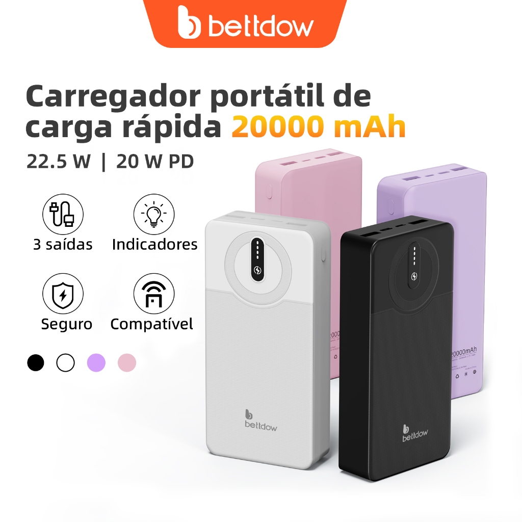 Imagem Bateria Externa BETTDOW de 10000mah/20000mAh, Carregador Portátil com Luz LED e Carregamento Rápido USB, 10W/22,5W