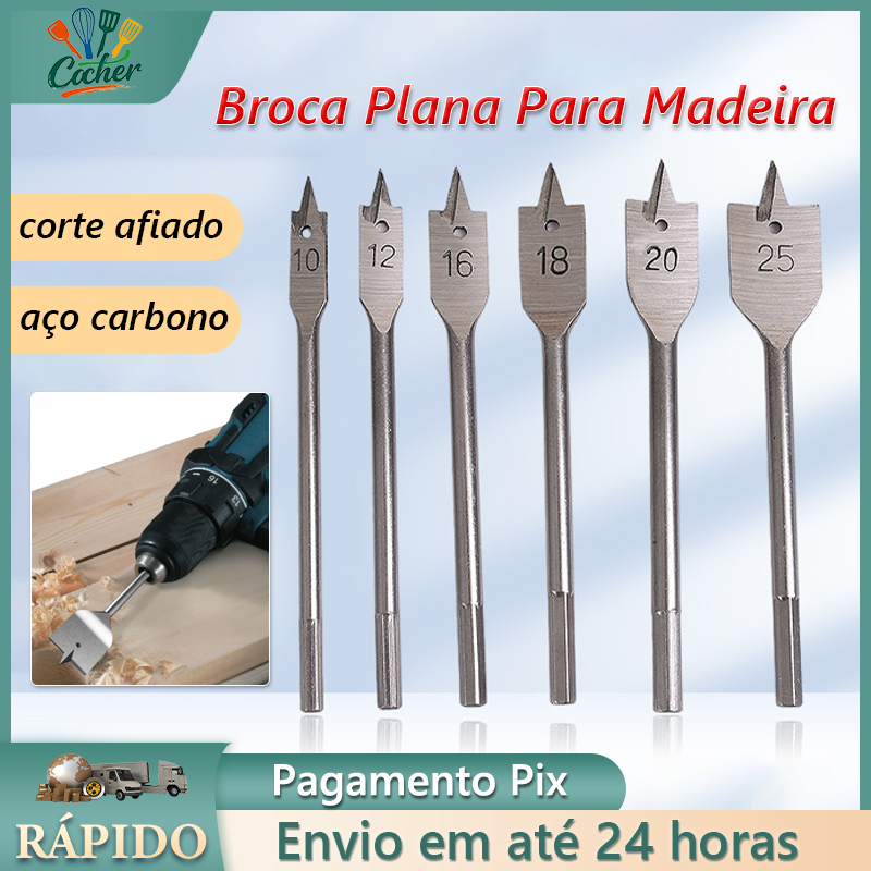 Jogo De Brocas Chata Para Madeira 6 Peças 10, 12, 16, 18, 20 e 25mm em Oferta na Shopee
