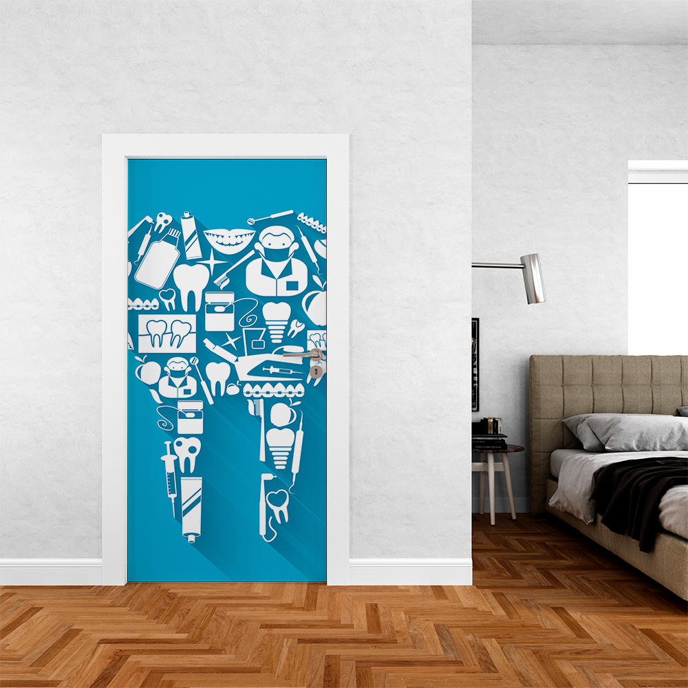 Capa De Porta Em Tecido Tema  Profissão Dentista Cuidado e Tratamento Bucal  Decoração 0,85x2,10m Veste Fácil