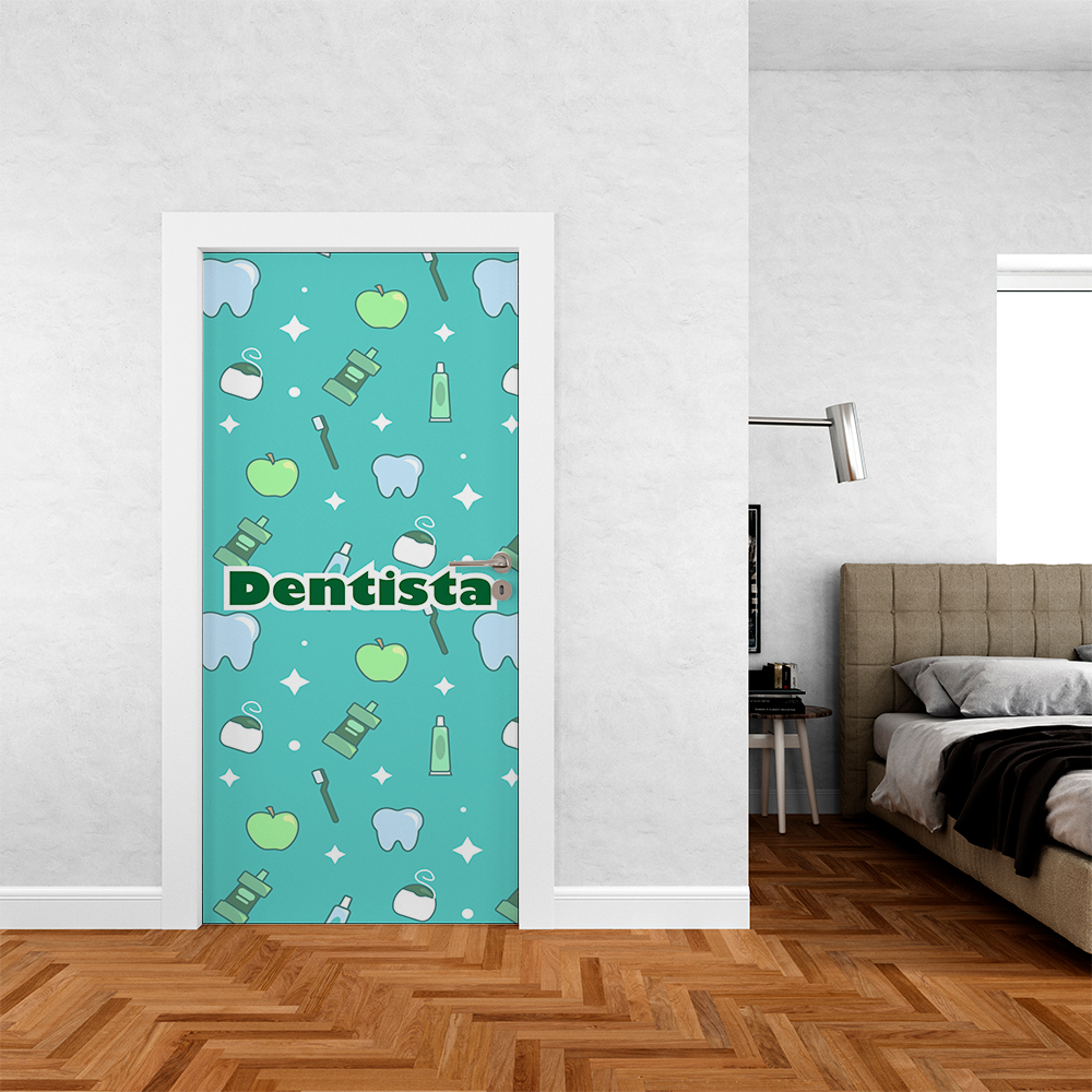 Capa De Porta Em Tecido Tema Profissão Dentista Prevenção e Tratamento Bucal  Decoração 0,85x2,10m Veste Fácil