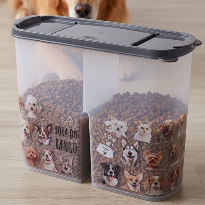 Pote Porta Ração Pet Cachorro Duas Divisórias Estampado Hora Do Rango Transparente Plasútil 2,4L