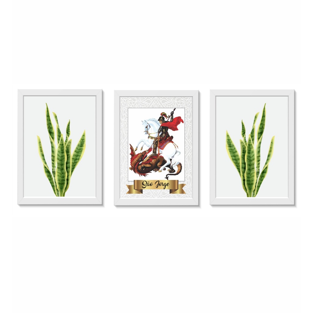 Kit 3 Quadros Decorativos São Jorge Espadas de São Jorge Decoração Religiosa Casa Moldura 20x30cm  Madeira