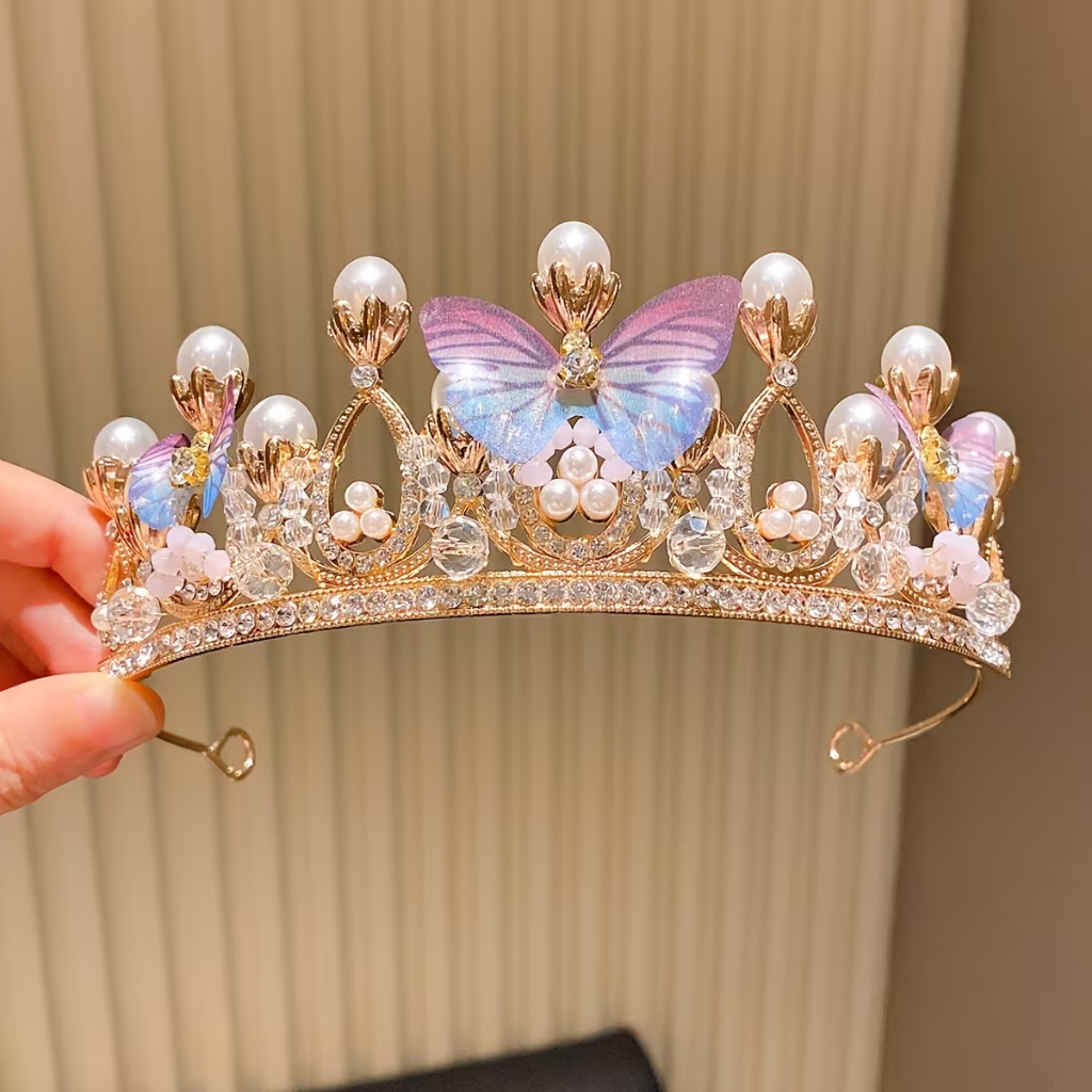 COROA Tiara BORBOLETA AZUL E ROSA de Liga com Strass e Pérolas - Design Floral e Borboleta