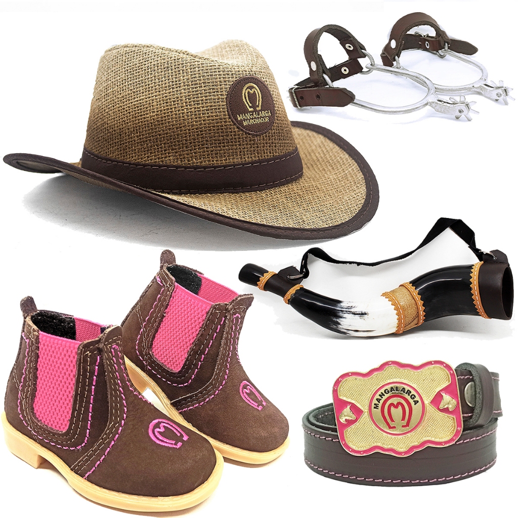 Kit Infantil Botina Cowboy + Chapeu Juta Mm Peao + Berrante Mirim + Cinto Couro + Espora CV