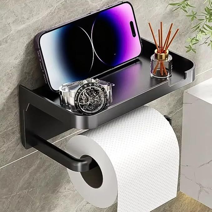 Suporte para Papel Higiênico com Porta Celular Preto Plástico Resistente e Moderno