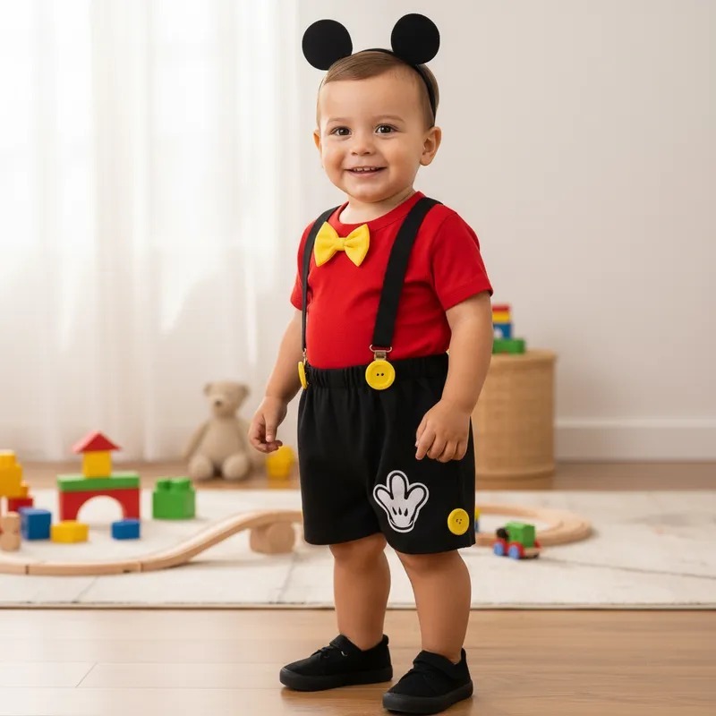 Conjunto Infantil Temático Mickey Festa Aniversário Fantasia Menino Camiseta, Short, Suspensório e Orelhinhas