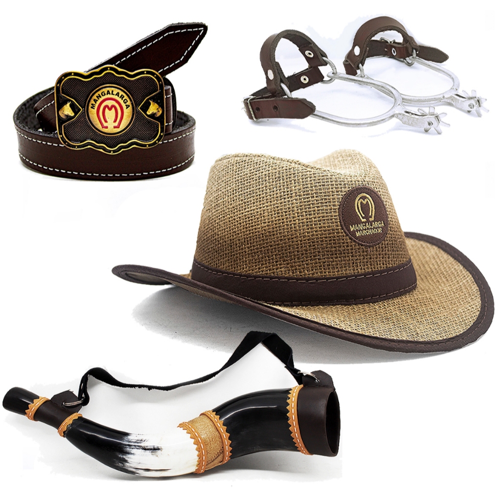 Kit Infantil Chapeu Country Mm + Berrante Mirim 3 Chifres + Cinto Couro Mangalarga + Espora Com Correia CV