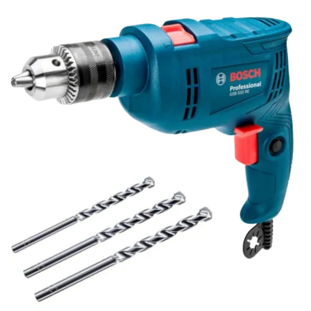 Furadeira de impacto 1/2" 550 Watts velocidade variável reversível com 3 brocas - GSB 550 RE Bosch
