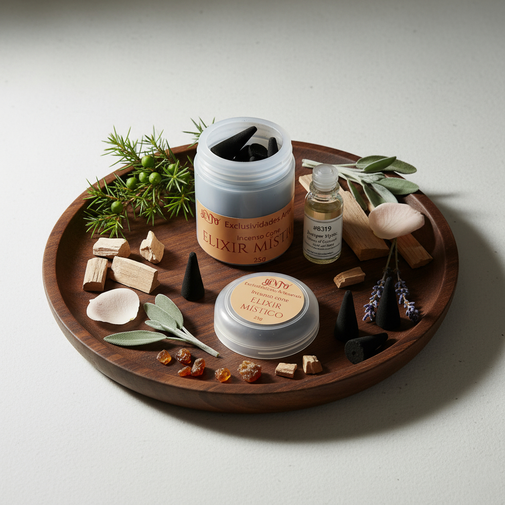 Incenso Cone ELIXIR MÍSTICO – Pote com 30 Incensos | Aroma Amadeirado Refrescante e Sofisticado