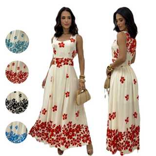 Vestido Feminino Longo Estampado sem mangas costas lastex em Oferta na Shopee