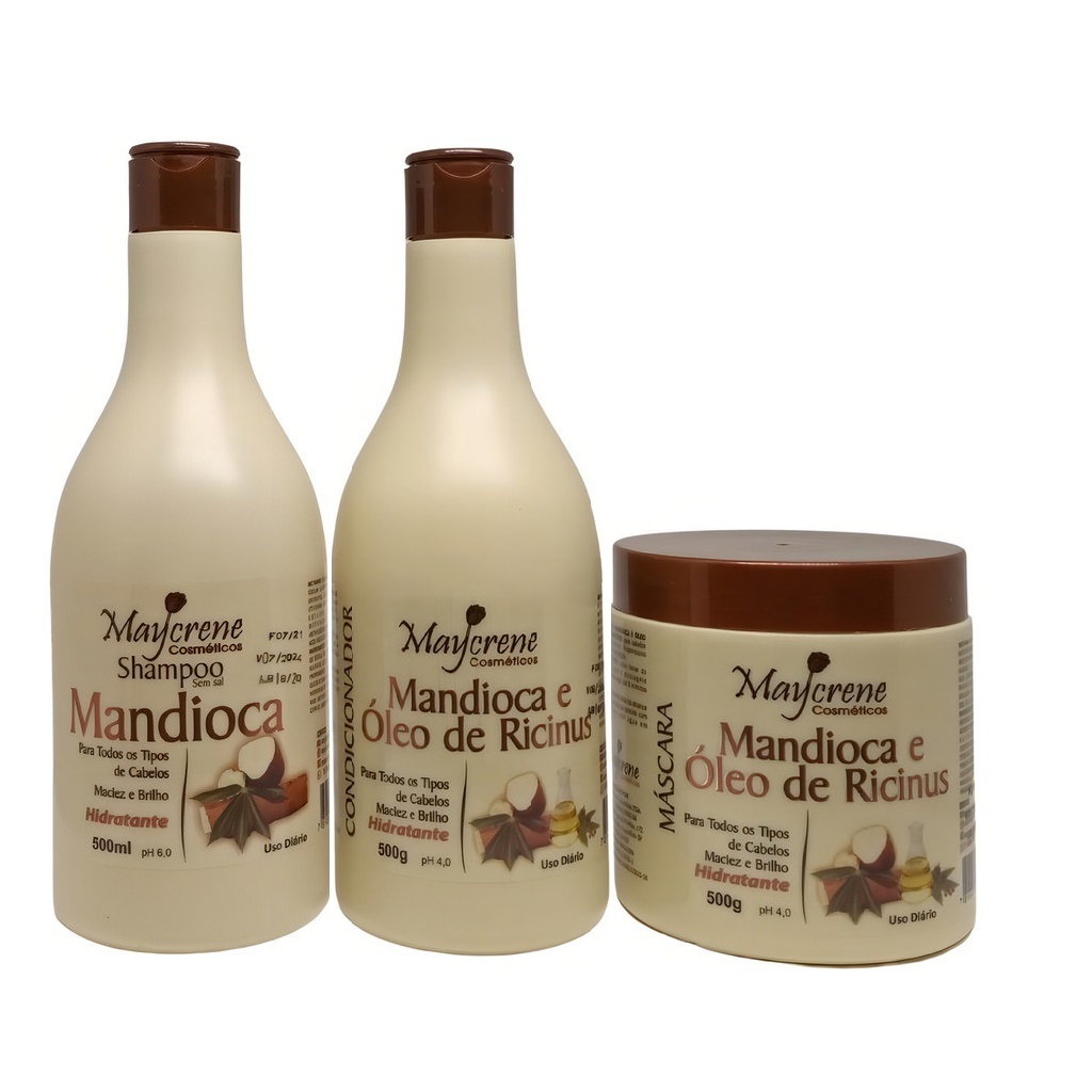 Kit Capilar Mandioca 500ml Maycrene - Shampoo + Condicionador + Máscara capilar em Oferta na Shopee