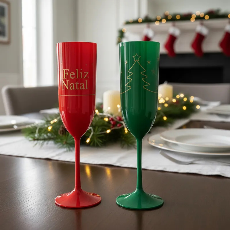 Kit 40 Taças Acrílicas “Feliz Natal” 190ml Champagne, Natal Reutilizáveis e Elegantes