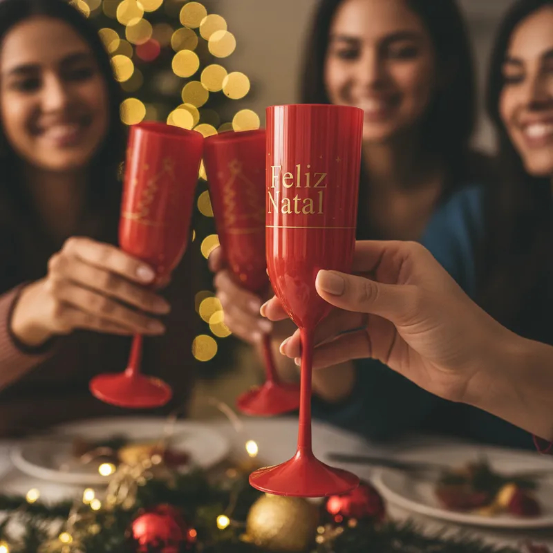 Kit 30 Taças Acrílicas “Feliz Natal” 190ml Champagne, Natal Reutilizáveis e Elegantes