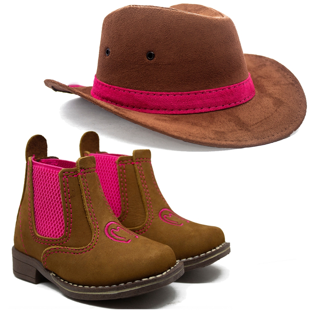 Kit Infantil Feminino Botina Rosa + Chapéu Camurça Criança Cowgirl em Oferta na Shopee