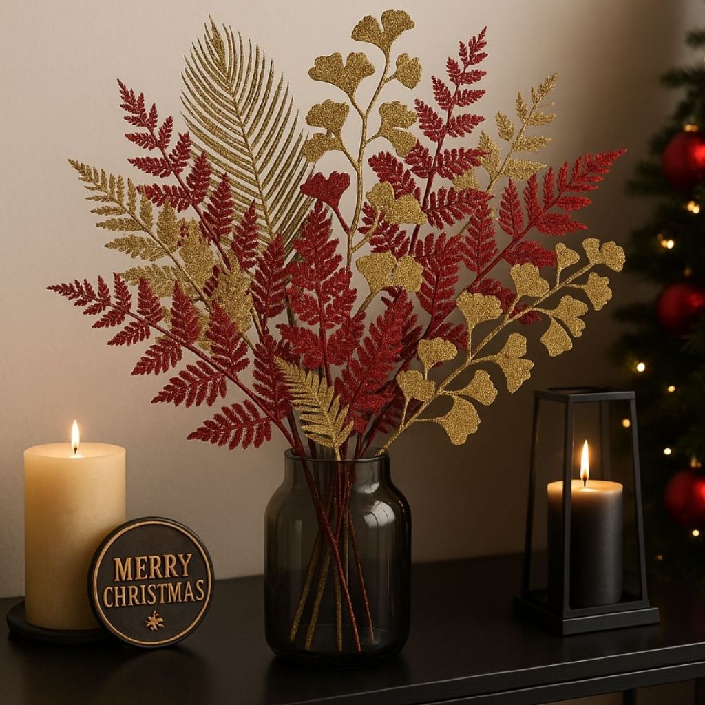 Kit Picks Folhas Arranjo de Natal Decoração Elegante Brilhoso Arvore Vaso Natal Glitter — imagem 2 de 2