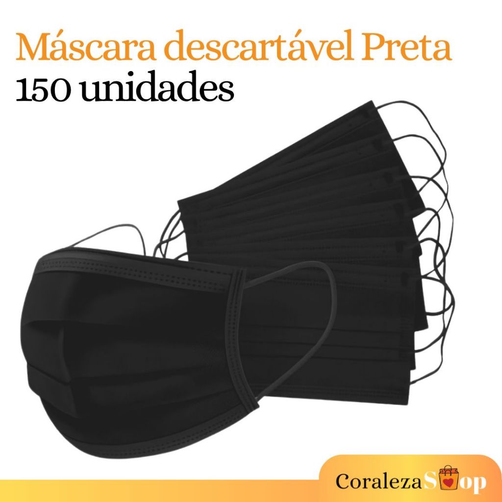 Kit 150 Máscaras Preta Descartáveis C/Clipe Nasal - Tripla Camada