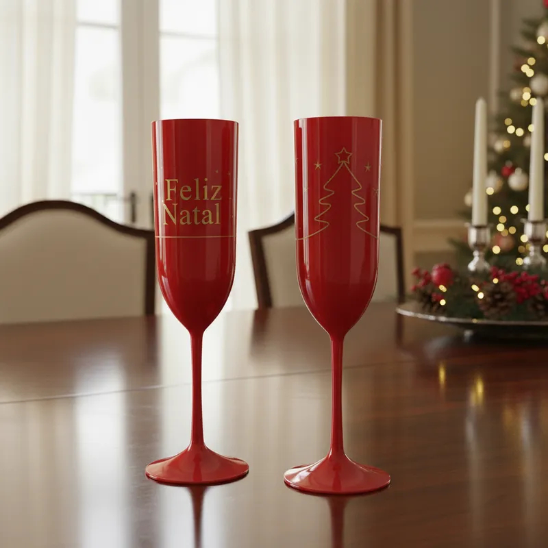 Kit 50 Taças Acrílicas “Feliz Natal” 190ml – Champagne, Natal Reutilizáveis e Elegantes