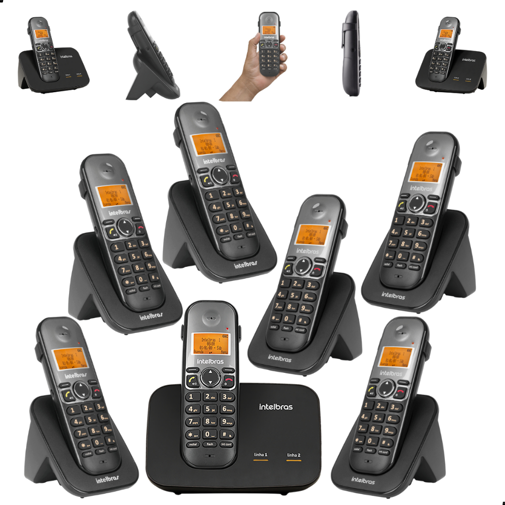 Kit Aparelho Telefone Sem Fio Intelbras TS 5150 com 6 Ramais TS 5121 Bina Viva Voz ID Chamada