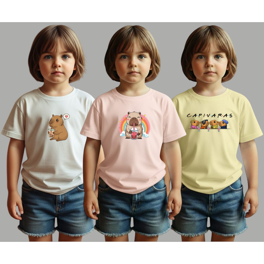 Kit 3 Camisetas Infantil Feminina Com Estampa de Capivara T-shirt 100% Algodão em Oferta na Shopee