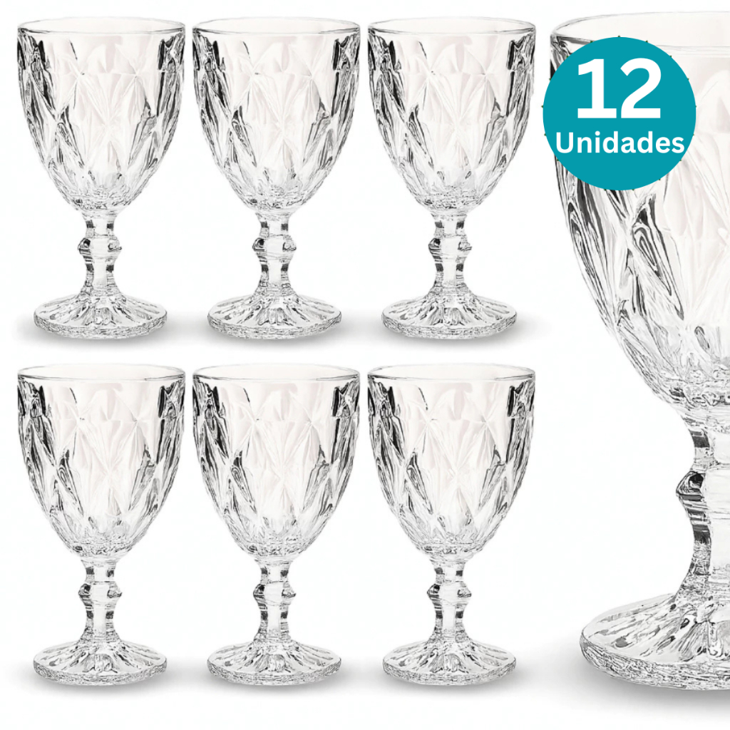 Jogo Taça Diamante Copo Vidro Transparente Bico De Jaca 330ml  Kit