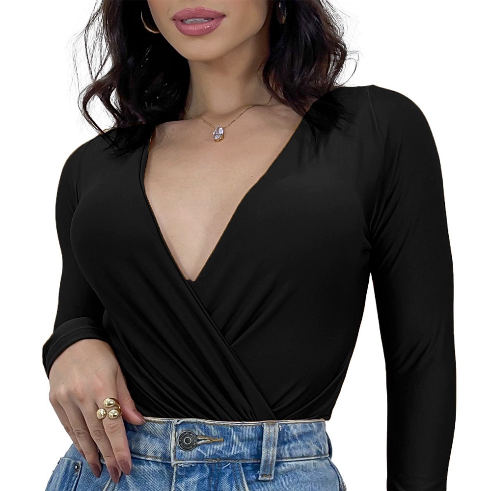 Body Bori Feminino Manga Longa Casual Decote V Marquezine Transpassado