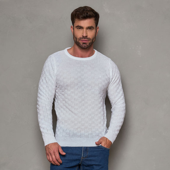 Suéter Masculino Tricô Xadrez Blusa de Frio Manga Longa Gola Redonda