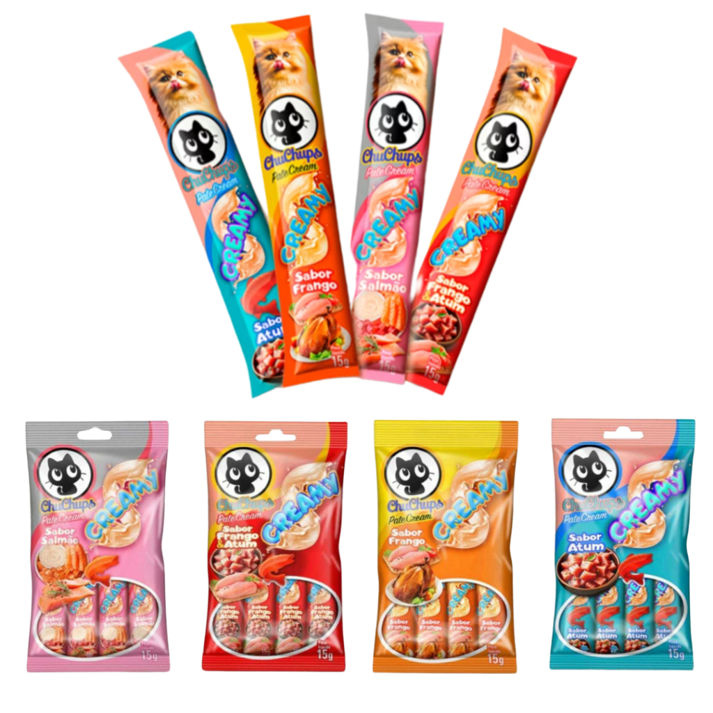 ChuChups Patê Cream Petisco Para Gatos Snack Cremoso - Display 10 Pacotes com 4 Sachês de 15g Cada