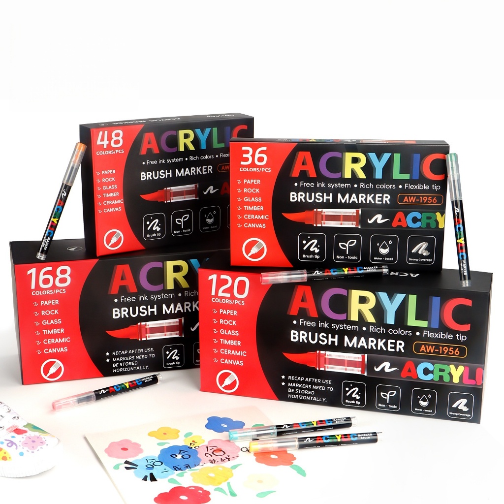 Kit 12/24/48 Cores Marcador Acrílico Ponta Pincel À Base de Água Para Papel, Madeira, Cerâmica e Vidro em Oferta na Shopee