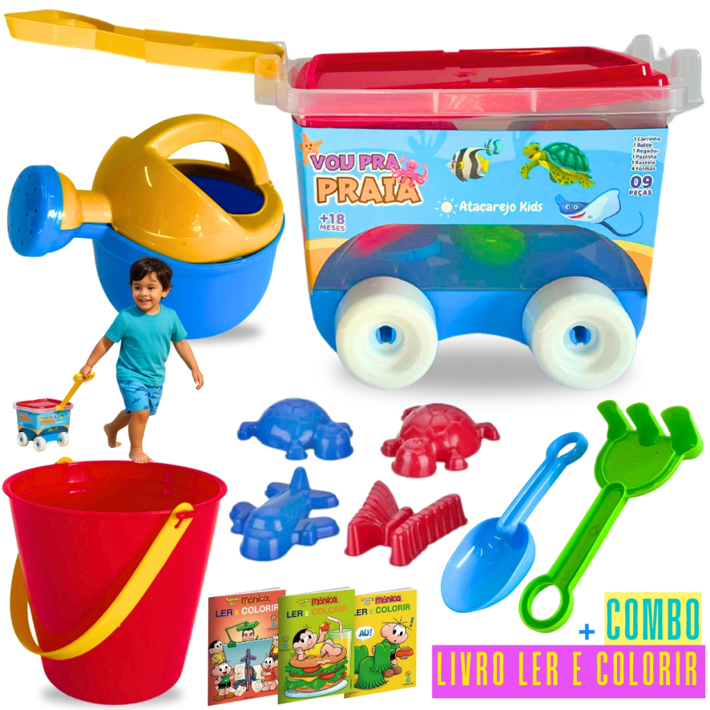 Kit Baldinho Praia Com Carrinho 9 Peças Brinquedo Infantil