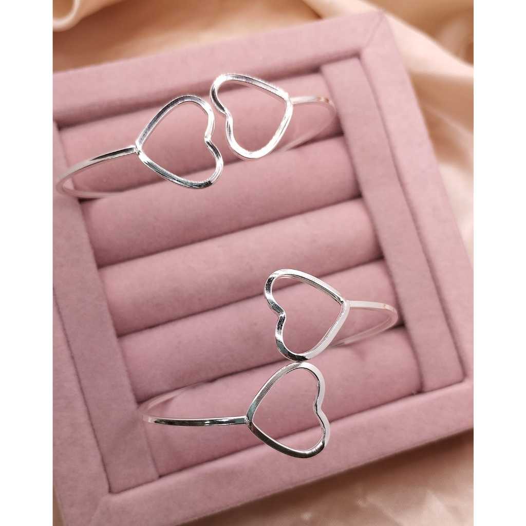 Pulseira Bracelete Coração Liso Fio quadrado 18 cm com Fecho Trava em Prata 925 Legítima