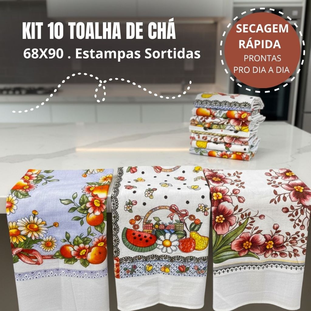Kit 10 Toalha De Chá Estampas Sortidas 90x68cm 100% Algodão Pano de Prato Extra Grande em Oferta na Shopee