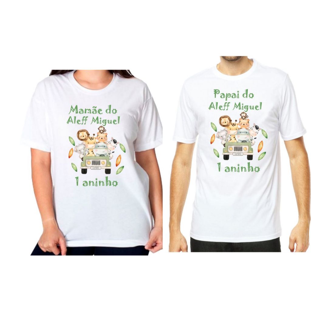 camisas personalizadas mamãe e papai safari carrinho verde informar nome e idade