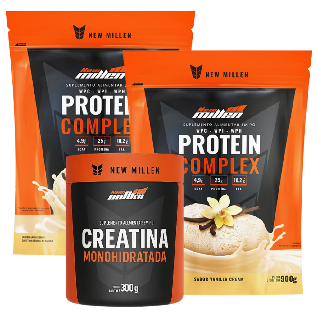 Kit 2x Whey Protein Complex 900g (cada) + Creatina Monohidratada 300g - New Millen em Oferta na Shopee