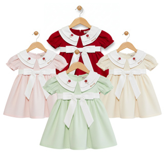 vestido infantil para meninas bordado quatro golas com laço de amarrar em Oferta na Shopee