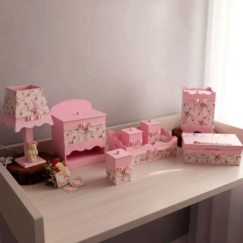 Kit Higiene bebê Mdf quarto menina decorado nome Jardim rosa branco Florido perolas