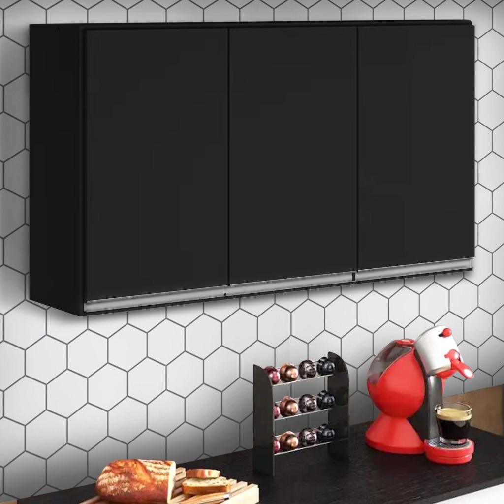 Armário Aéreo de Cozinha e Lavanderia 120cm 3 Portas MDF Preto em Oferta na Shopee