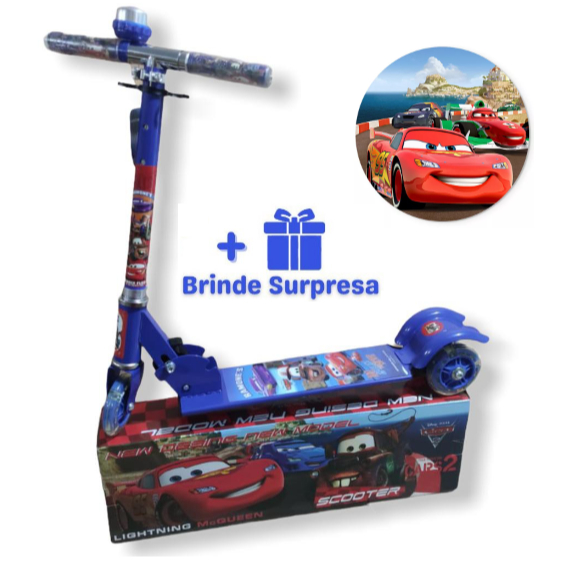 Patinete Infantil 3D Metal Carros Menino Azul Dobrável de Ferro Com Led Nas 3 Rodas Buzina Ajustável