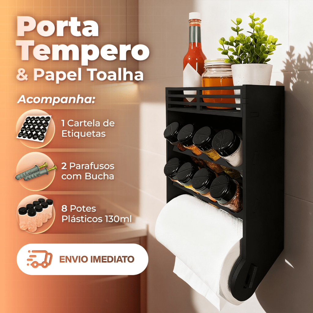 Porta Papel Toalha Temperos Condimentos MDF Resistente 8 Potes Tampa Dosadora Dupla 130ml em Oferta na Shopee