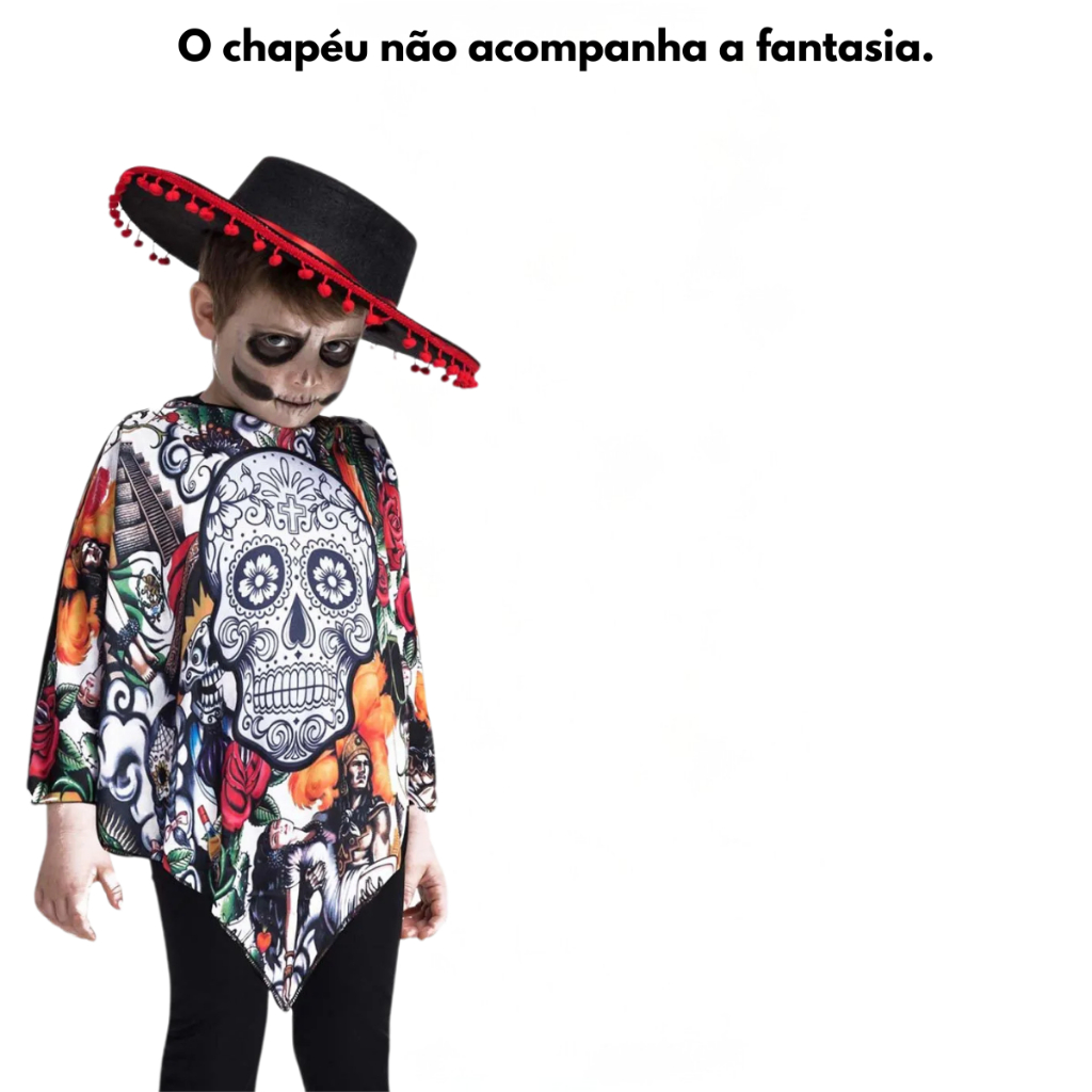 Detalhes do Fantasia Caveira Mexicana Infantil de Halloween Poncho