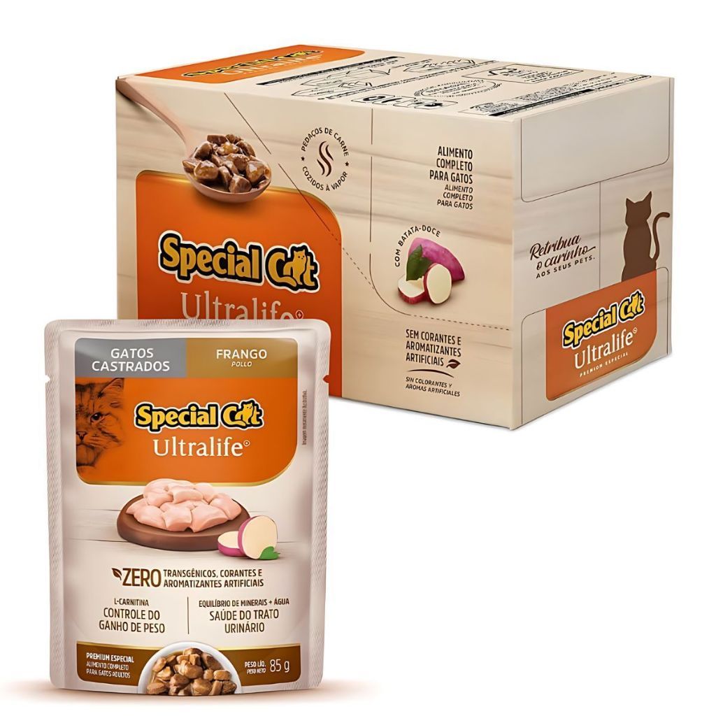 Caixa 12 Sachê Special Cat Ultralife Castrados Sabor Frango - 85g em Oferta na Shopee